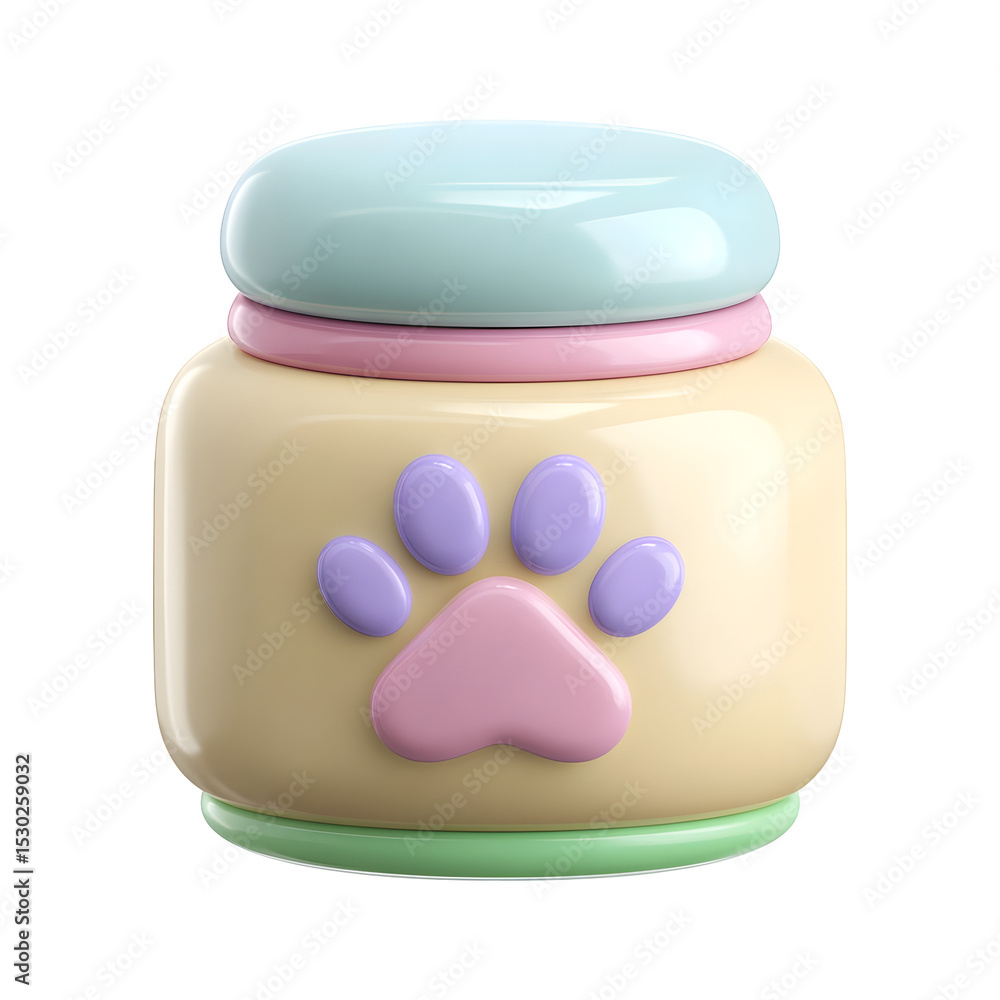 Poster Whimsical and rounded pastel colored snack jar with a playful paw print design perfect for storing pet treats or other small items