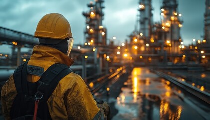Industrial Worker in Yellow Hard Hat at Night Oil Refinery with Dramatic Lighting