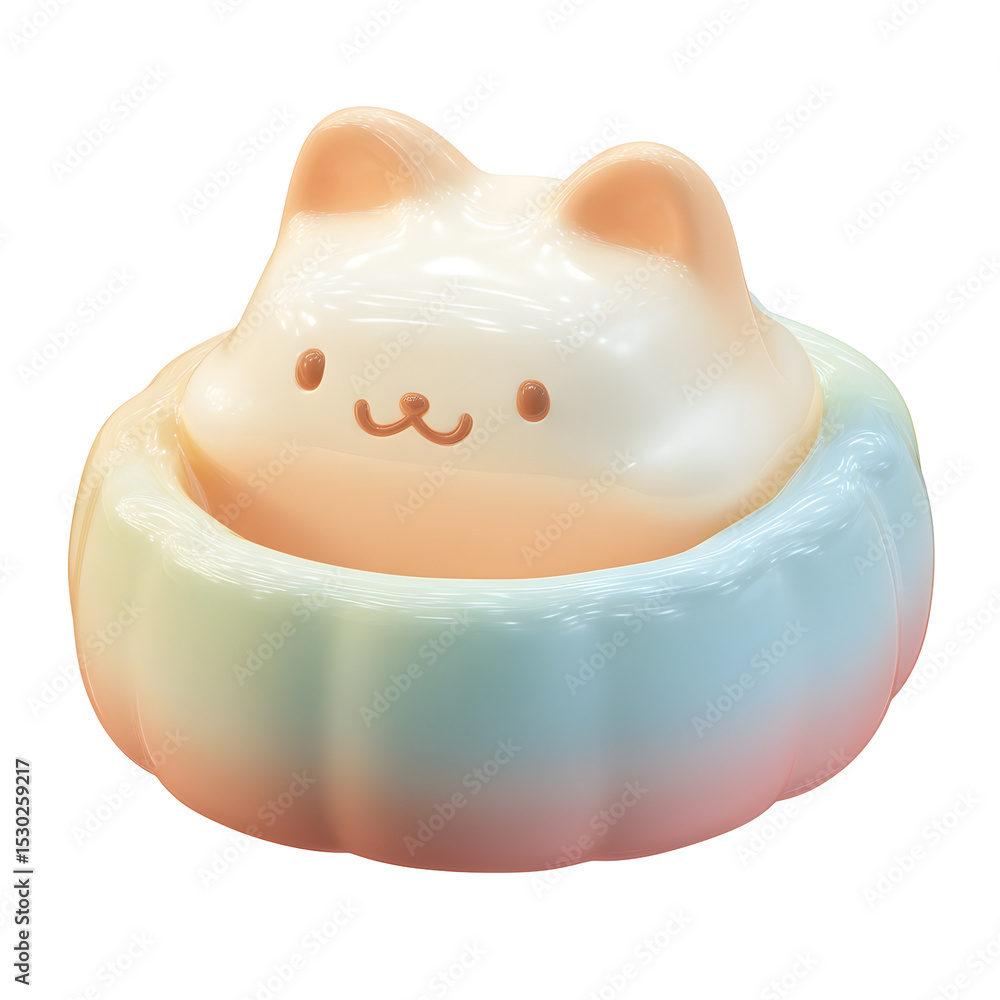 Poster soft rounded 3d icon of a plush pastel colored cat bed in a cute cartoon inspired design on a transp