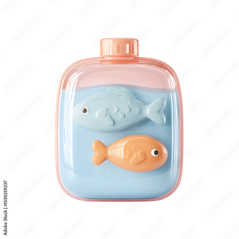 Poster a 3d cartoon inspired food pouch featuring a stylized fish icon with a soft pastel colored plastic t