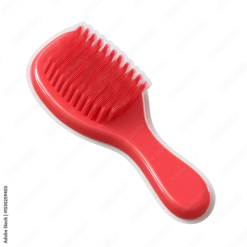 Poster close up of a vibrant red grooming brush made of soft smooth plastic with a rounded minimalist desig