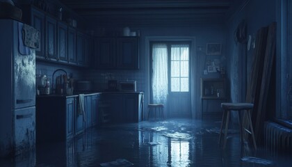 Dark Flooded Kitchen Interior in Old Abandoned House at Night - Horror, Creepy