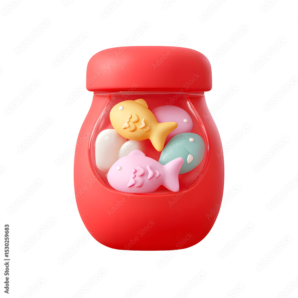 Poster a whimsical 3d rendered red jar filled with playful soft pastel fish shaped treats in a cute rounded