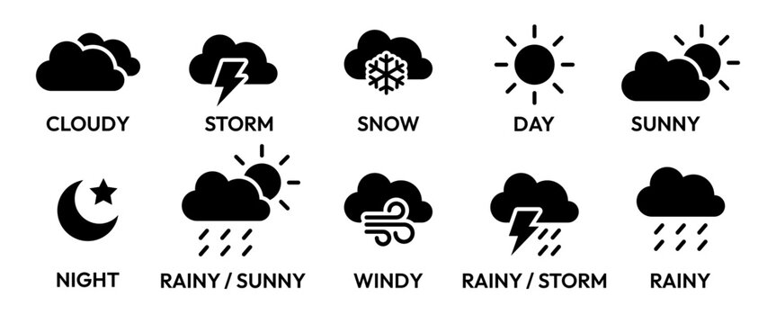 Weather forecast icon set. Rainy, storm, snow, cloudy, sunny, windy, day, night, summer, winter, line, label, collection, logo, symbol, black, flat vector, isolated illustration on white background.