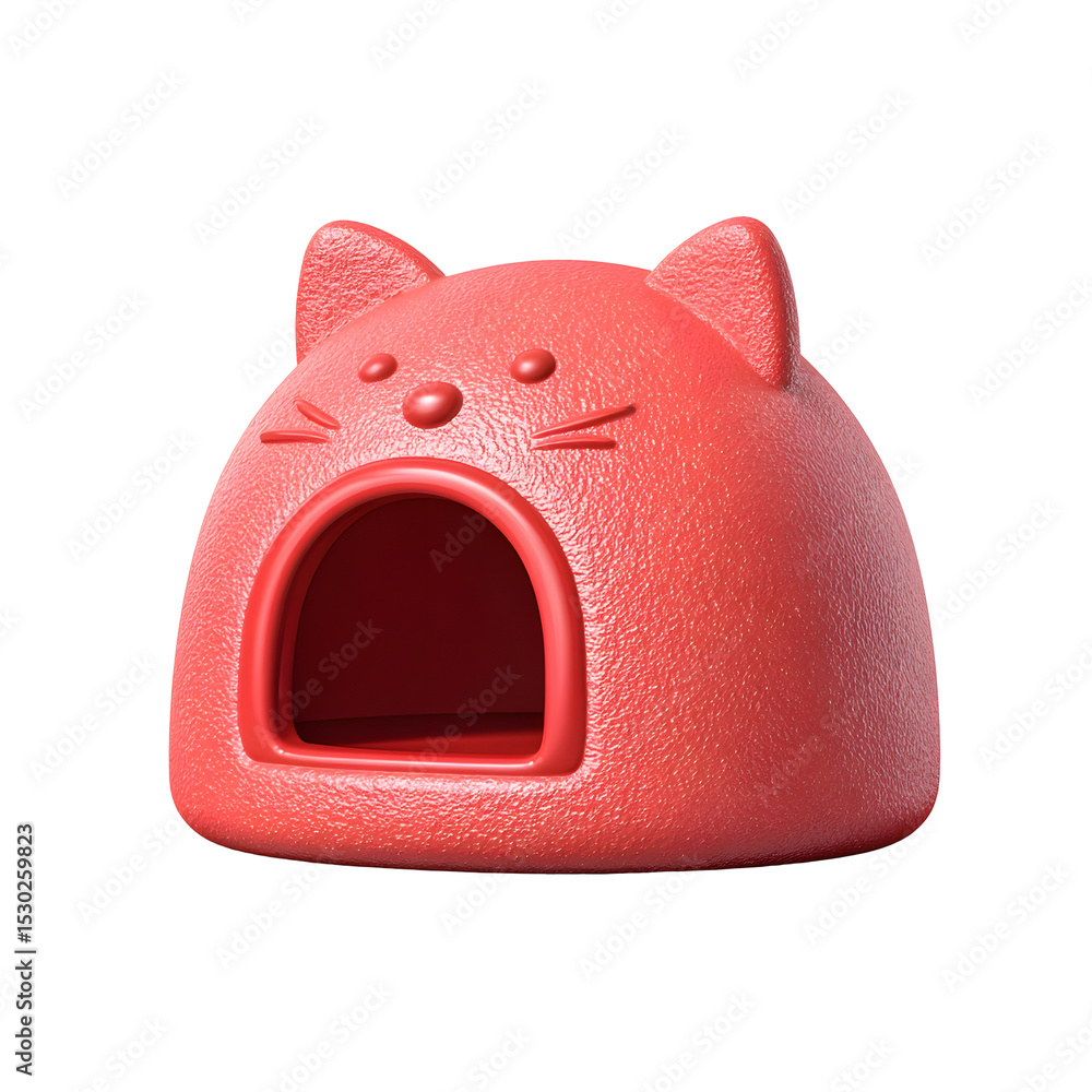 Poster whimsical and inviting 3d icon of a rounded cartoon inspired cat house in a vibrant pastel red shade