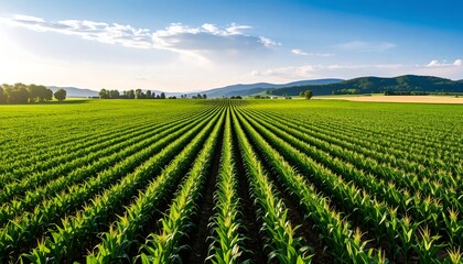 Vibrant green cornfield stretches to distant mountains beneath a bright blue summer sky.