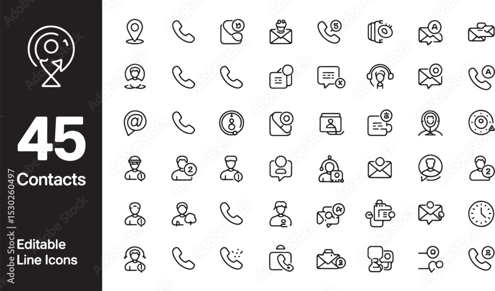Poster contacts line editable icons set. vector illustration in modern thin line style of communication ico