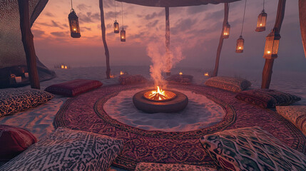 Patterned Rug Circle and Lantern Poles at Dusk Creating Intimate Atmosphere of Sommerwerft Gathering