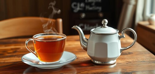 Fototapeta premium Steaming cup of tea beside a vintage teapot on a wooden table, wooden, steam