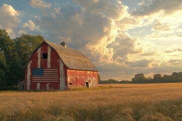 Fototapeta premium Rustic barn adorned with an American flag under dramatic evening light amidst golden fields