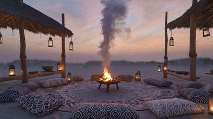 Patterned Rug Circle and Lantern Poles at Dusk Creating Intimate Atmosphere of Sommerwerft Gathering
