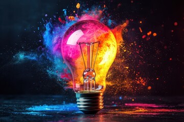 Colorful light bulb emits vibrant splashes of ink in dark setting during nighttime