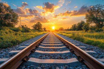 Obraz premium Golden sunset over railway tracks surrounded by lush greenery and a vibrant sky