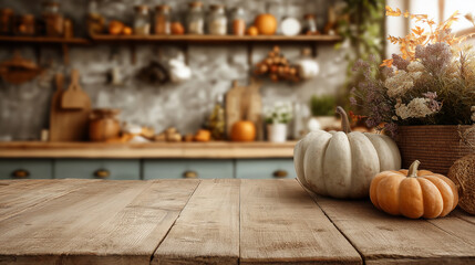 Wood table with copy space in autumn kitchen with pumpkin decorations