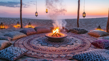 Patterned Rug Circle and Lantern Poles at Dusk Creating Intimate Atmosphere of Sommerwerft Gathering