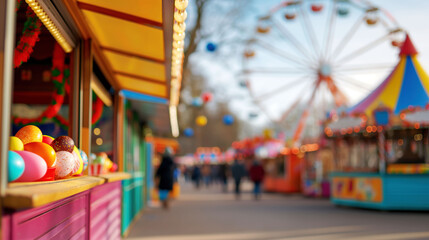 Easter Fairground Bustles With Families Enjoying Rides and Game Stalls Under a Colorful Ferris Wheel