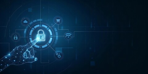 Security of network and internet server. Encryption networking and connect technology. Hand touching padlock icon on network structure. Security padlock and network