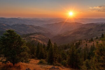 Obraz premium View of mountain range with trees and golden sun setting on the distant horizon line