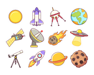 Space icons set vector illustration in cartoon style, ideal for educational or space-themed projects