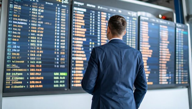 A traveler in a suit checks departure and arrival information on a large digital display screen.