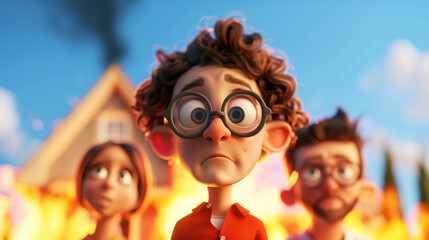 Family Portrait Capturing Tense Moment in Front of a Blazing House With Minimalist Focus on Subjects and Background