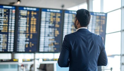 A businessman in a suit checks flight schedule, viewed from the rear in a modern airport setting.