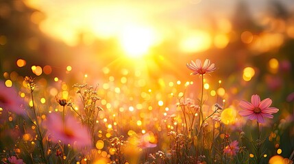 Beautiful flowers field at sunset wallpaper background nature photography art