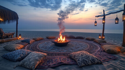 Patterned Rug Circle and Lantern Poles at Dusk Creating Intimate Atmosphere of Sommerwerft Gathering
