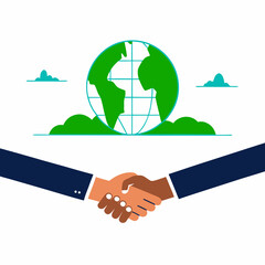 Illustration of diverse handshake with globe and clouds