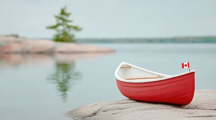 Naklejka premium Tranquil red canoe adorned with a Canadian flag on a serene lake reflecting lush pine forests