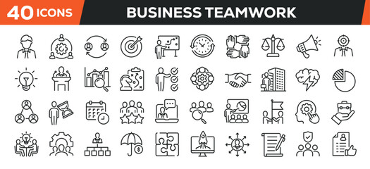 Business teamwork icons set. Web line icons collection business, cooperation, organization, leadership. Editable stroke. Perfect pixel vector illustration isolated on white background.