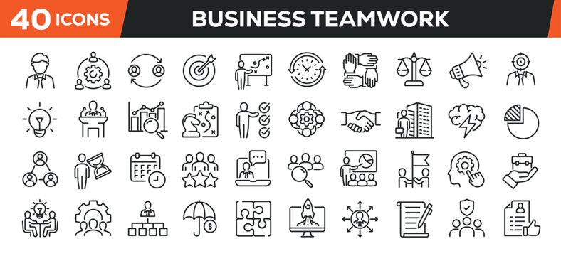 Business teamwork icons set. Web line icons collection business, cooperation, organization, leadership. Editable stroke. Perfect pixel vector illustration isolated on white background.