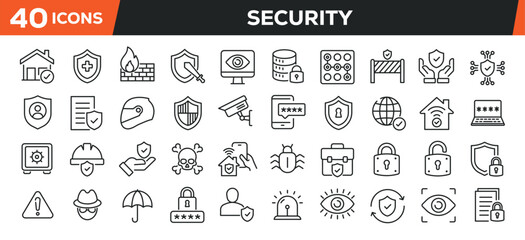 Security icons set. Web line icons collection defense, protection, safety. Editable stroke. Perfect pixel vector illustration isolated on white background.