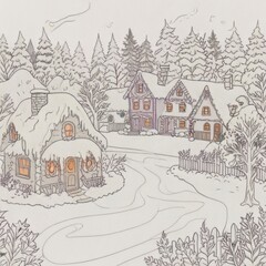 Naklejka premium Charming snow covered village winter scene illustration