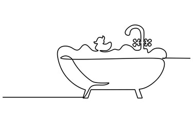 Continuous one line drawing of bathtub design. Simple bath in single line draw illustration. Editable stroke.