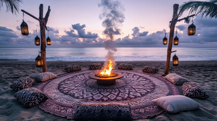 Patterned Rug Circle and Lantern Poles at Dusk Creating Intimate Atmosphere of Sommerwerft Gathering
