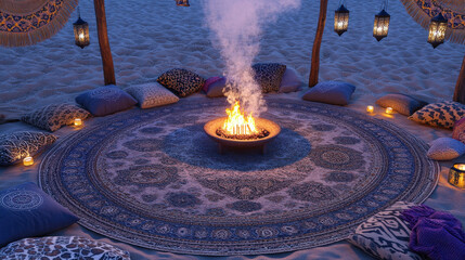 Patterned Rug Circle and Lantern Poles at Dusk Creating Intimate Atmosphere of Sommerwerft Gathering