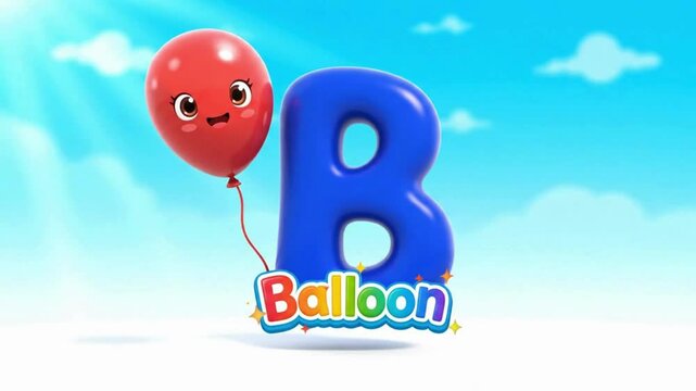 3D Animated Letter B with Cute Balloon Character &ndash; Fun Kids Alphabet Clip &ndash; Bright Educational Preschool Video &ndash; Pixar-Style &ndash; No Audio &ndash; 8s Loop Animation