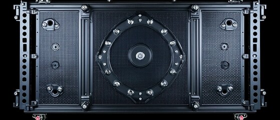 Fototapeta premium A dark gray rectangular device with a central circular component, surrounded by smaller components and attachments. It features a textured surface and numerous fasteners