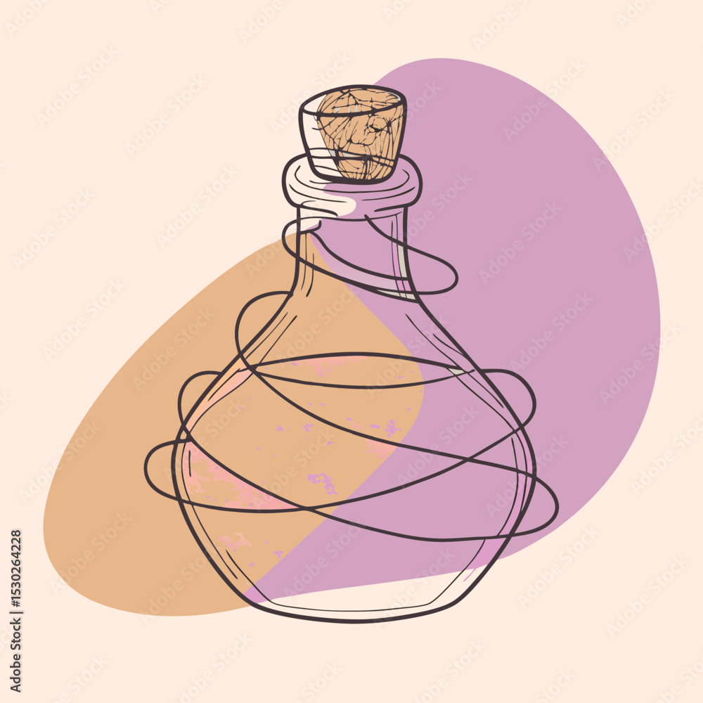 Poster potion bottle with cork and string on abstract background