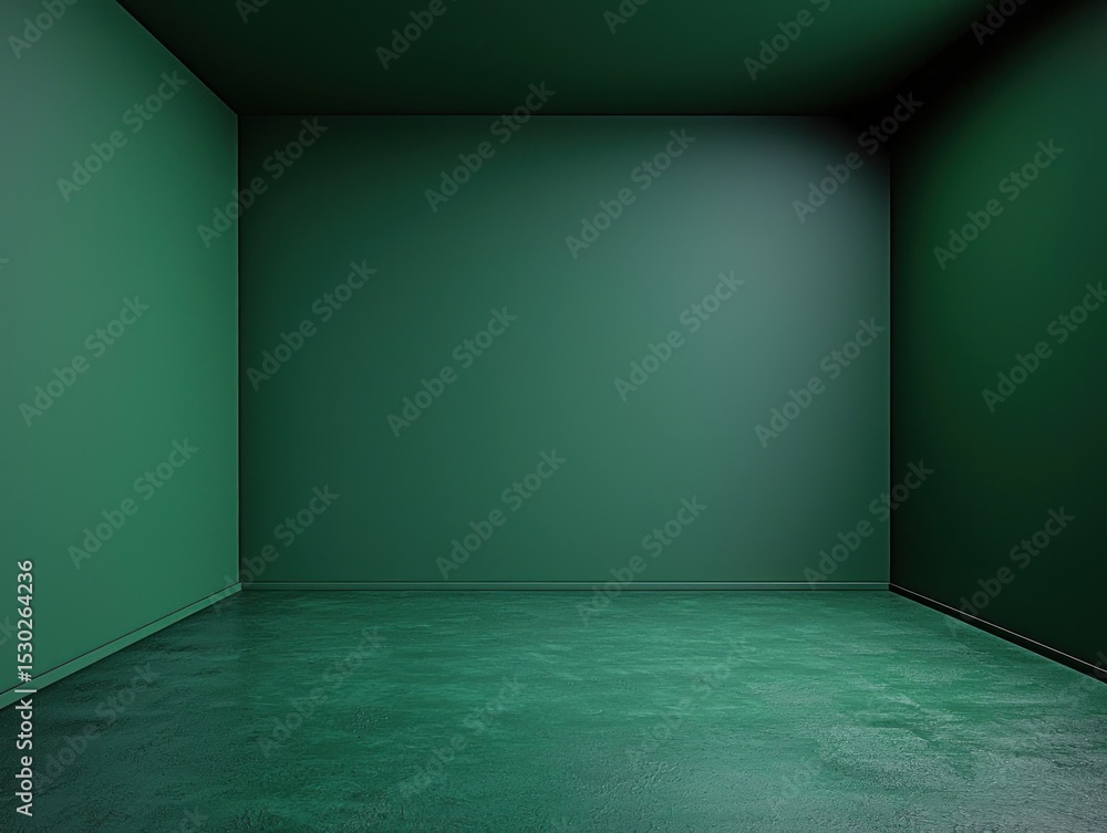 Poster a dark, moody digital rendering of an empty room with deep green walls and floor, subtly lit in one 