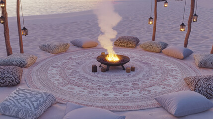 Patterned Rug Circle and Lantern Poles at Dusk Creating Intimate Atmosphere of Sommerwerft Gathering