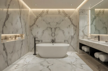 A high-end bathroom featuring a marble-clad soaking tub, floating vanity, and sleek modern finishes, exuding timeless elegance.