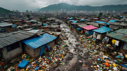 Aerial drone view of an expansive slum settlement filled with piles of garbage, plastic waste, and debris. The image shows densely packed makeshift houses with tin roofs and worn-out structures in con