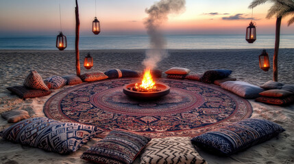 Patterned Rug Circle and Lantern Poles at Dusk Creating Intimate Atmosphere of Sommerwerft Gathering