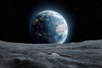 Planet earth view from lunar surface with visible craters and stars in the distance