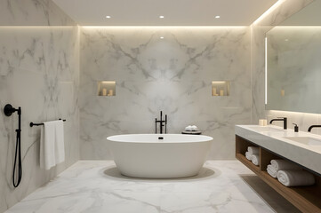 A high-end bathroom featuring a marble-clad soaking tub, floating vanity, and sleek modern finishes, exuding timeless elegance.
