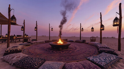 Patterned Rug Circle and Lantern Poles at Dusk Creating Intimate Atmosphere of Sommerwerft Gathering