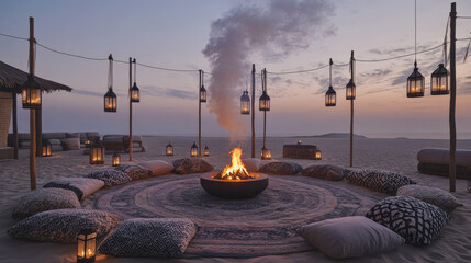 Patterned Rug Circle and Lantern Poles at Dusk Creating Intimate Atmosphere of Sommerwerft Gathering