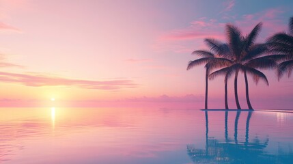 Serene Sunset Paradise: Palm Trees Reflecting in a Tranquil Pool